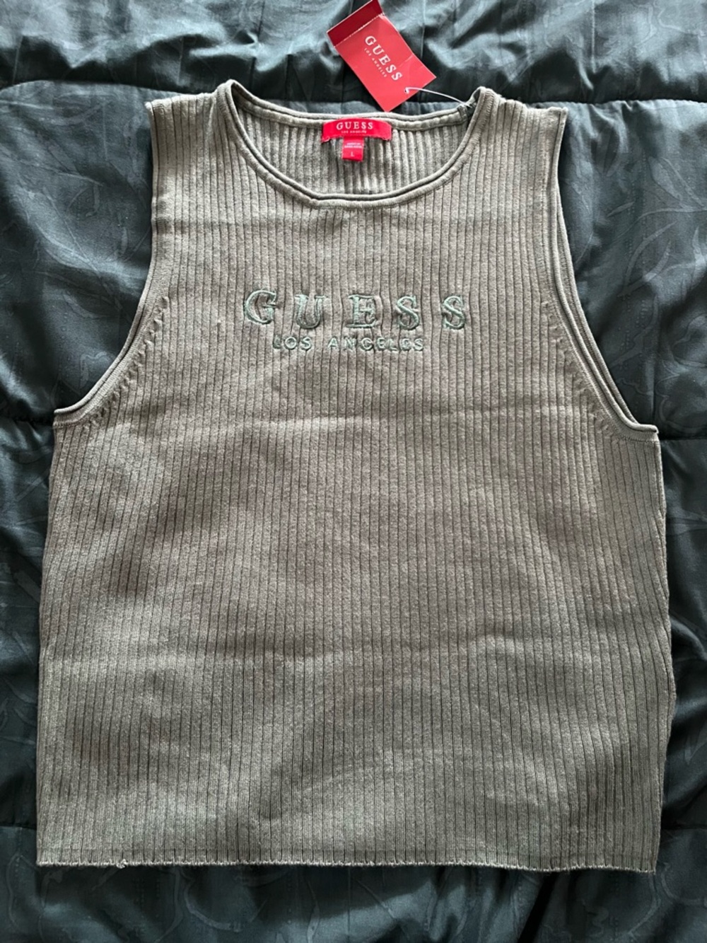 GUESS Olive Ribbed Sleeveless Tank with Embroidered Logo
